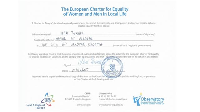 Grad Vukovar potpisao Europsku povelju o ravnopravnosti spolova žena i muškaraca na lokalnoj razini
